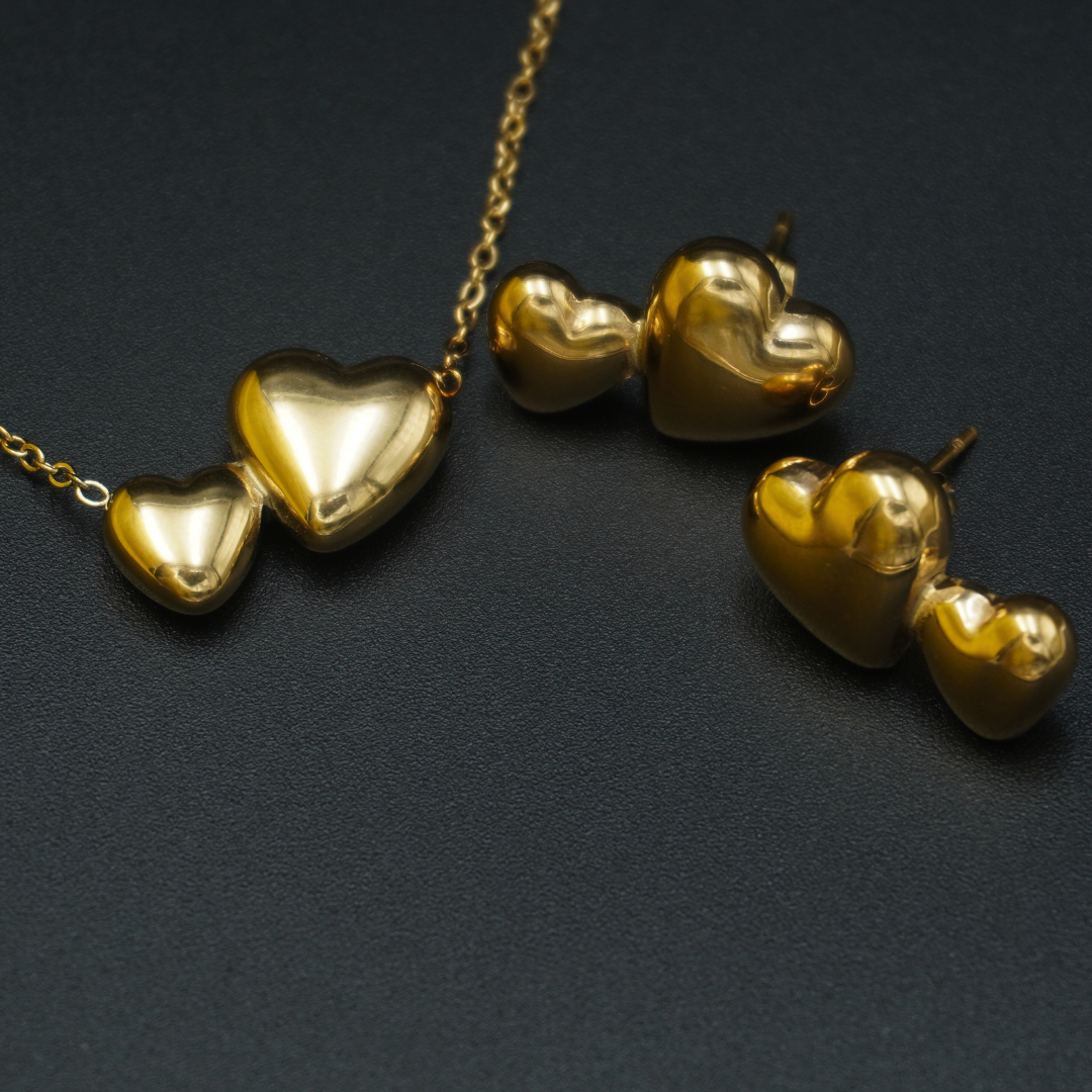 Gold Plated Two Heart Earrings Necklace Pendant Set