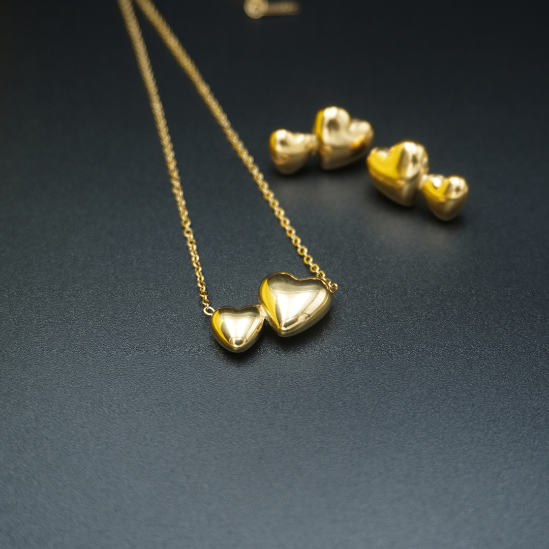 Gold Plated Two Heart Earrings Necklace Pendant Set