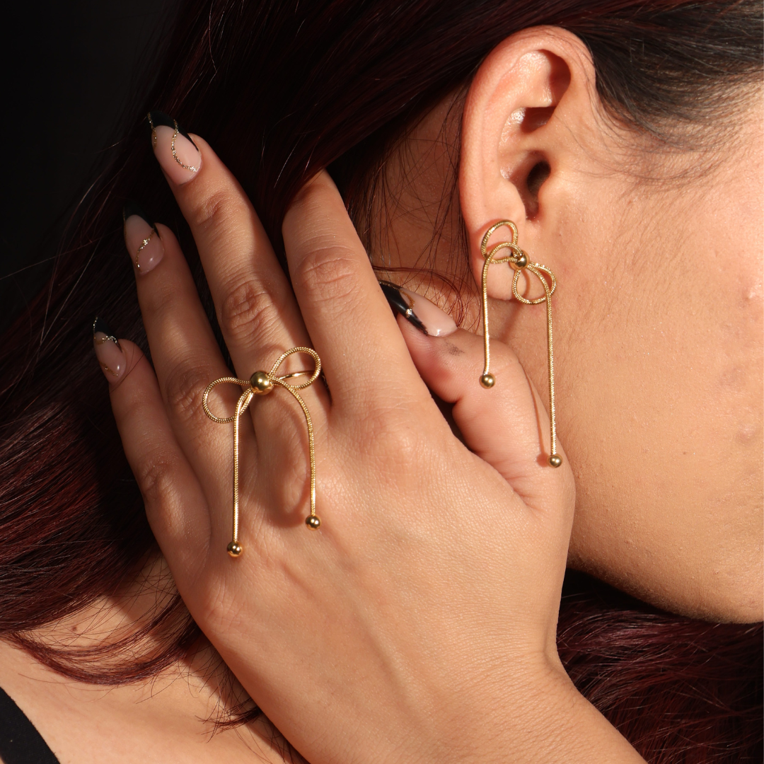 Gold Plated Chain Bowknot Adjustable Ring