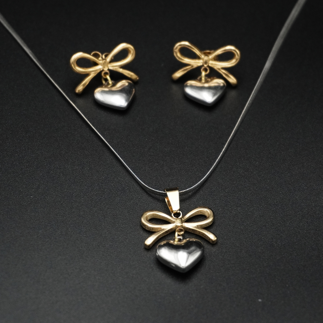 Dual Tone Bow Heart Earrings Necklace Pendant Set