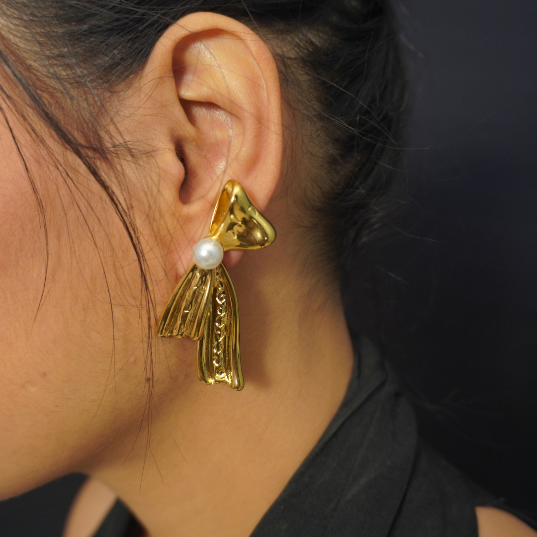 Gold Plated Pearl Ribbon Bow Earrings