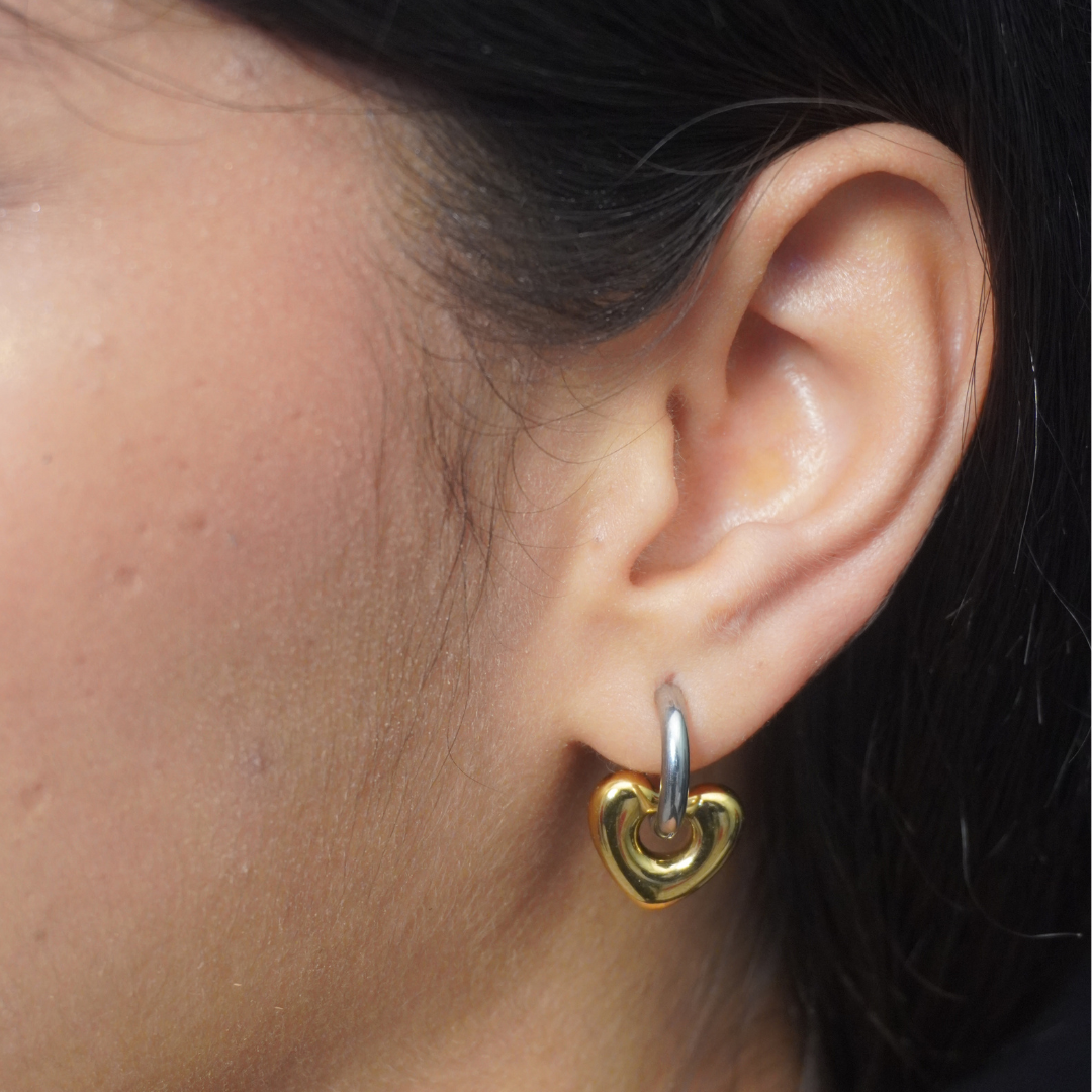 Two Tone Heart Huggie Hoop Earrings