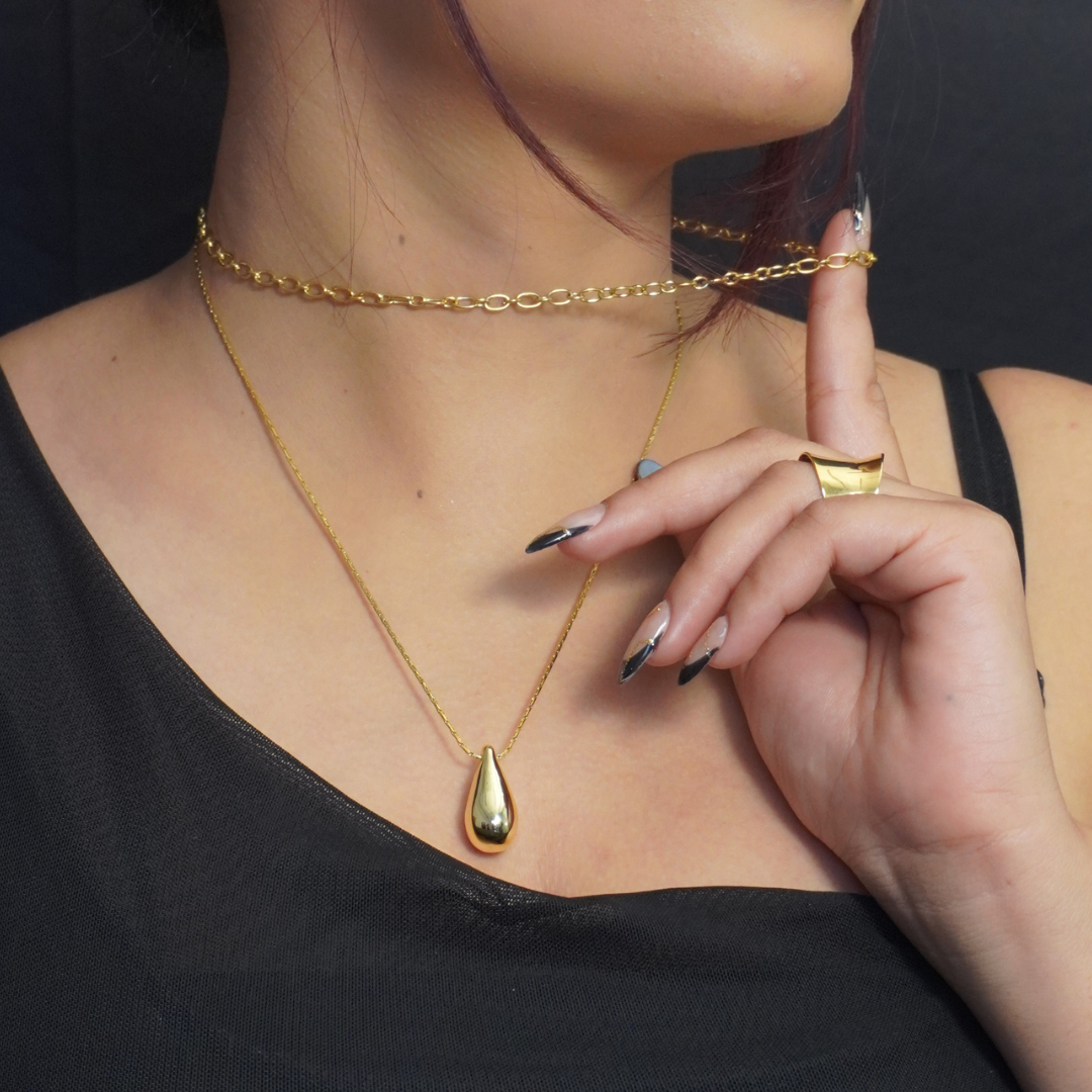Gold Plated Drop Double Layered Chain Pendant