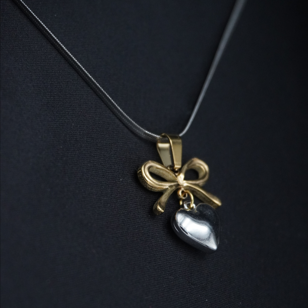Dual Tone Bow Heart Earrings Necklace Pendant Set