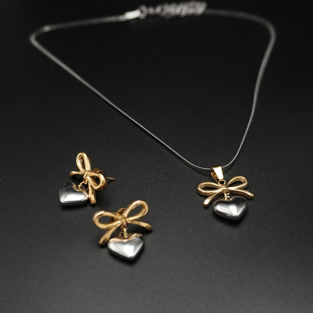 Dual Tone Bow Heart Earrings Necklace Pendant Set