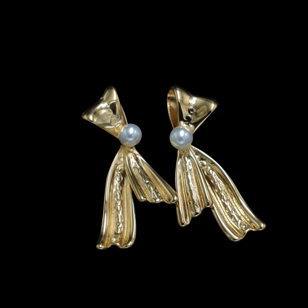 Gold Plated Pearl Ribbon Bow Earrings