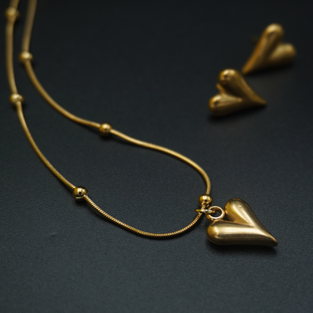 Gold Plated Minimal Heart Earrings Necklace Pendant Set