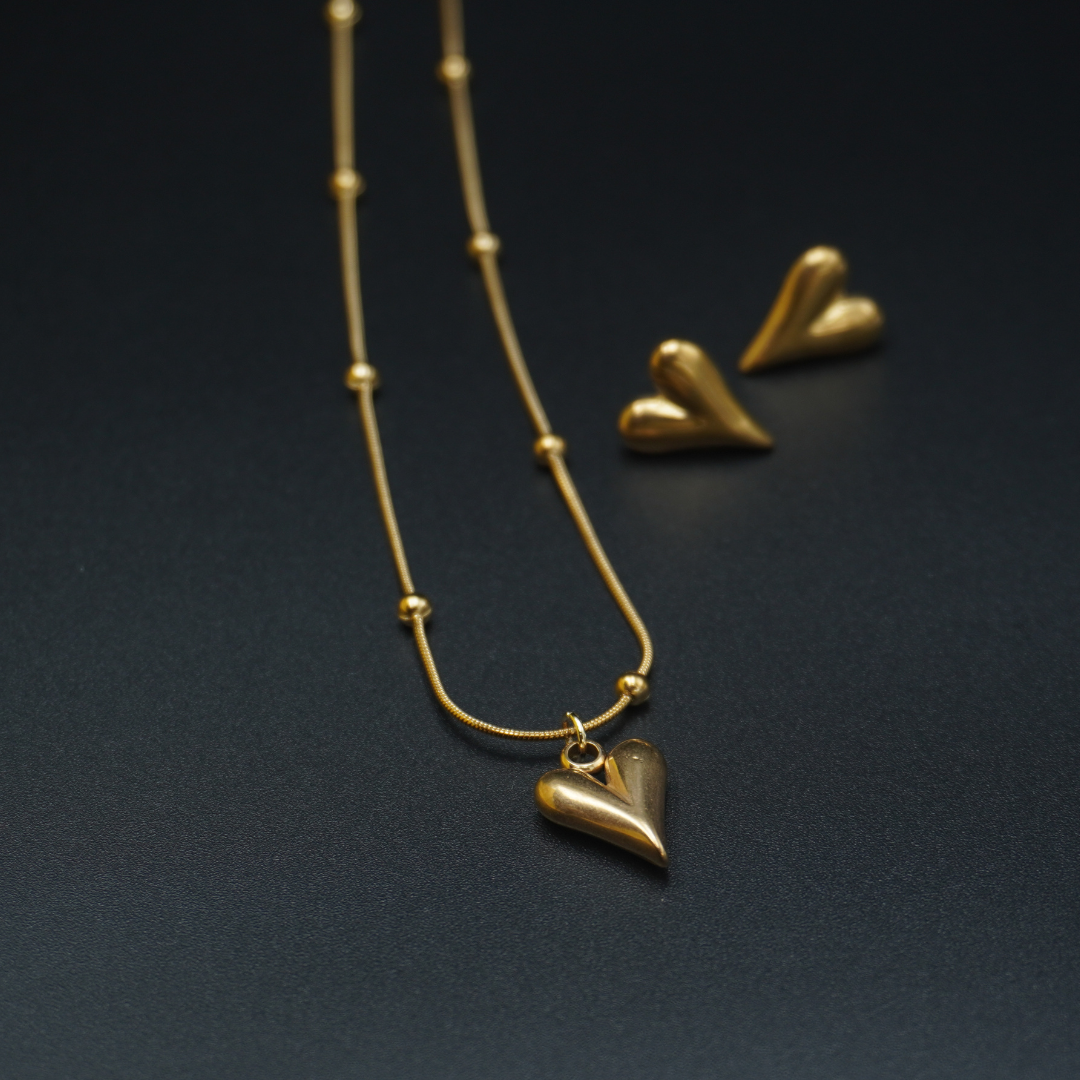 Gold Plated Minimal Heart Earrings Necklace Pendant Set
