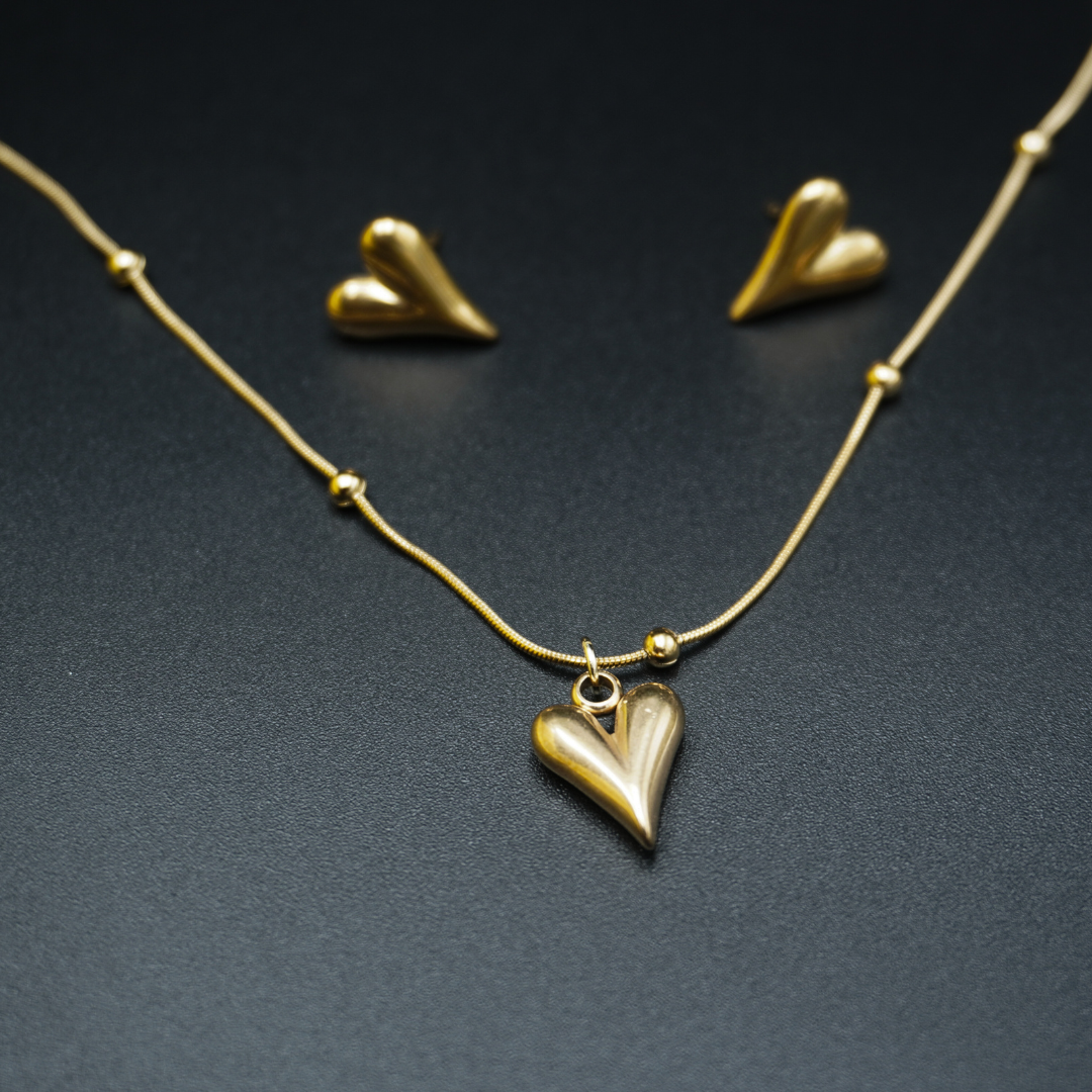 Gold Plated Minimal Heart Earrings Necklace Pendant Set