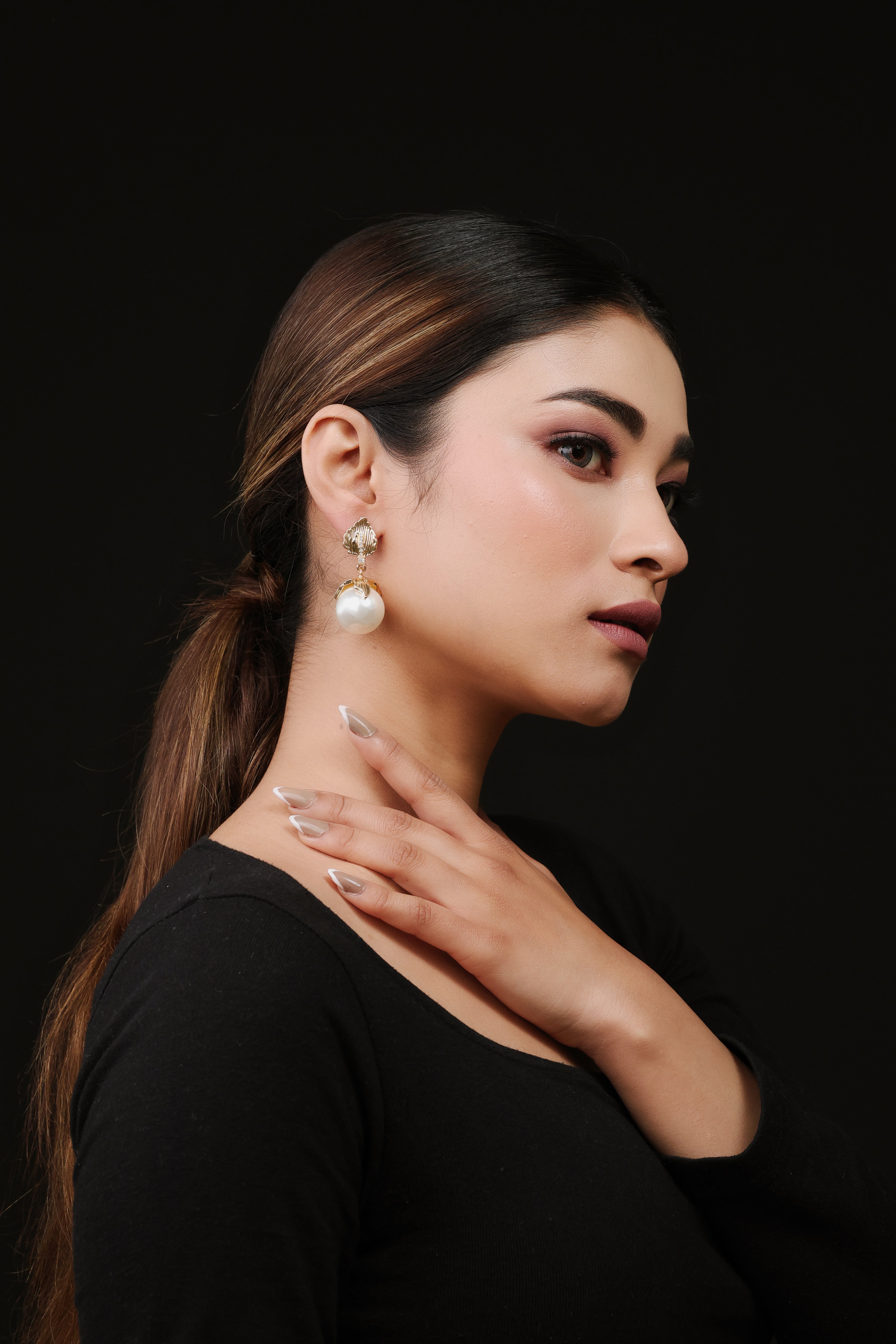 Gold Plated Leaf Pearl Drop Earrings