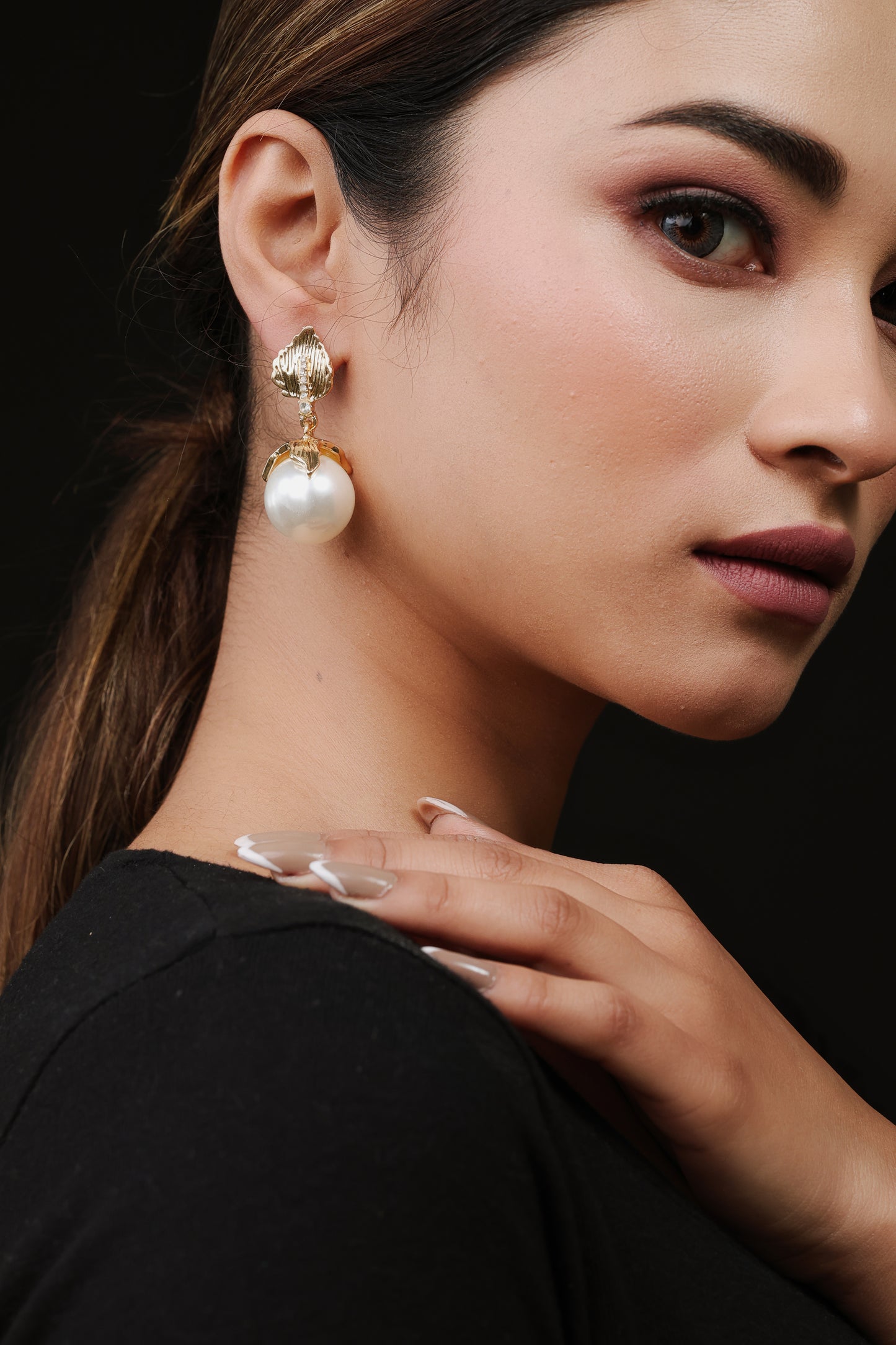 Gold Plated Leaf Pearl Drop Earrings