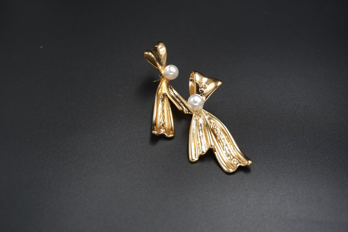 Gold Plated Pearl Ribbon Bow Earrings