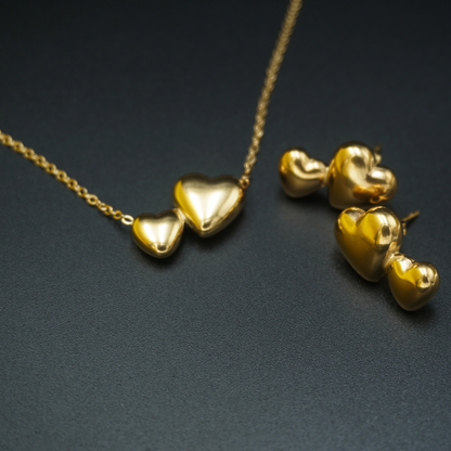 Gold Plated Two Heart Earrings Necklace Pendant Set
