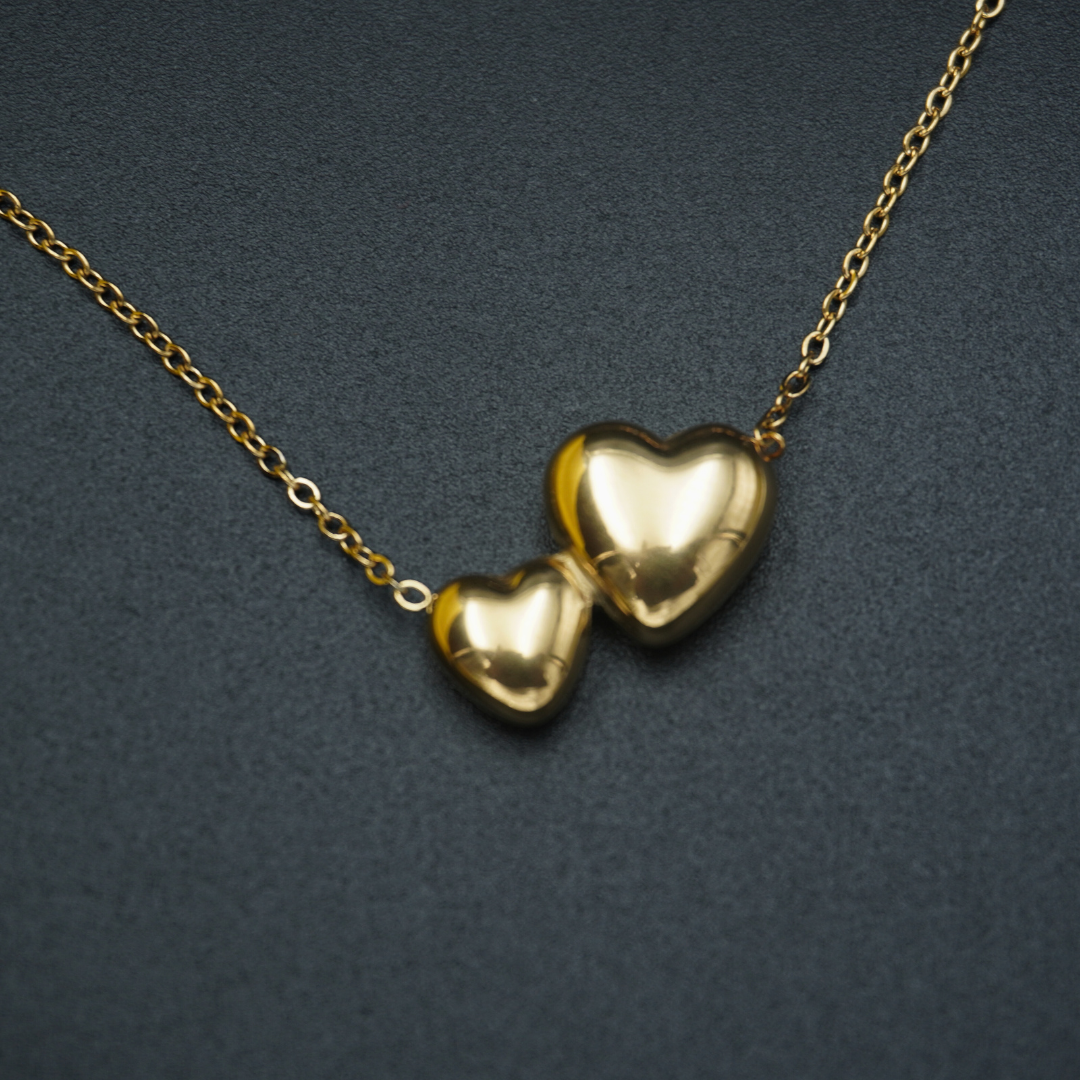 Gold Plated Two Heart Earrings Necklace Pendant Set