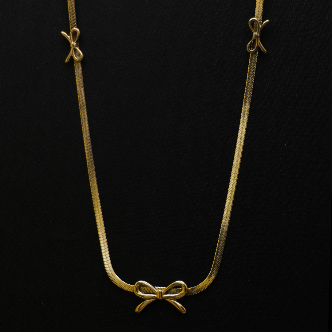 Gold Plated Triple Bow Design Chain Necklace