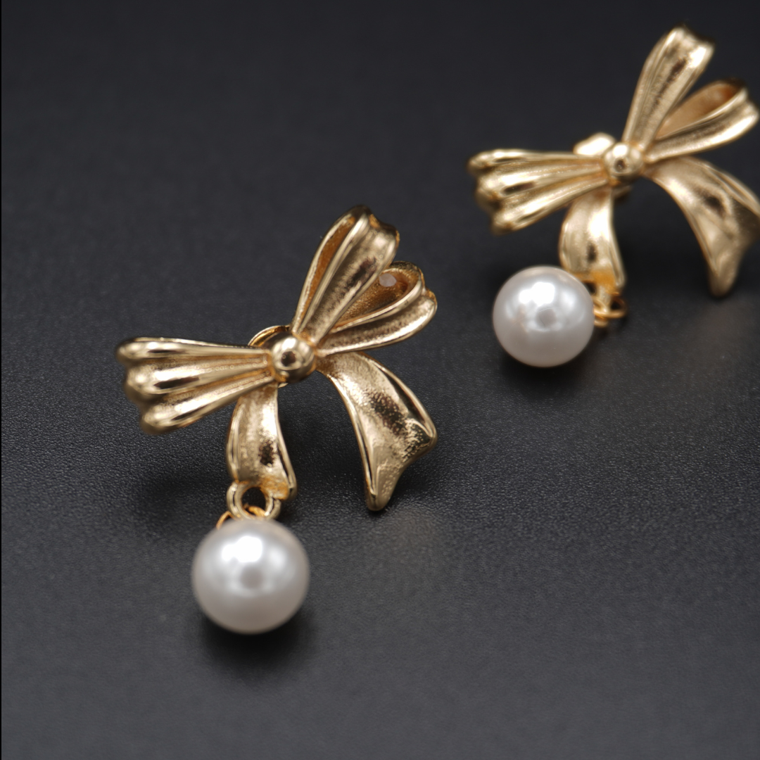 Butterfly Bow Pearl Gold Plated Earrings