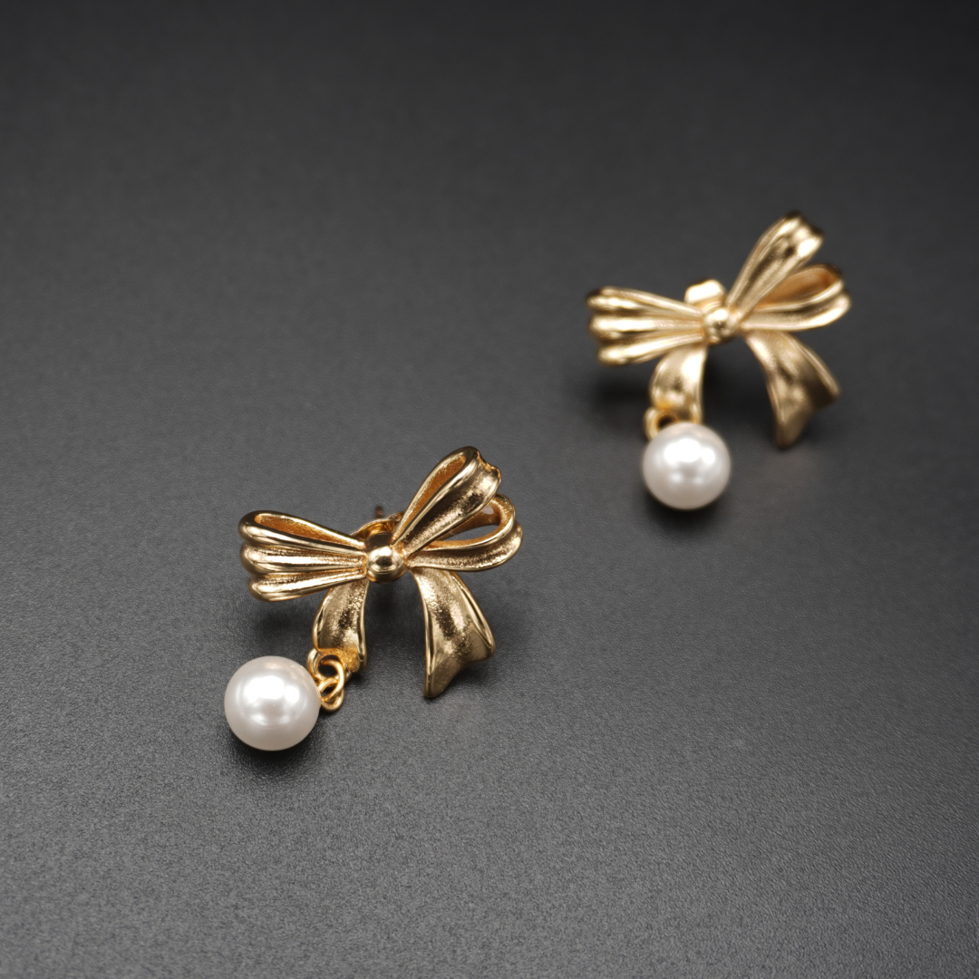Butterfly Bow Pearl Gold Plated Earrings