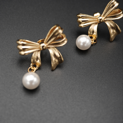 Butterfly Bow Pearl Gold Plated Earrings