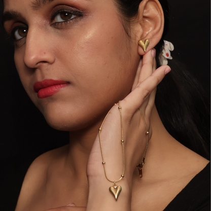 Gold Plated Minimal Heart Earrings Necklace Pendant Set