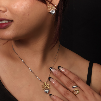 Dual Tone Bow Heart Earrings Necklace Pendant Set