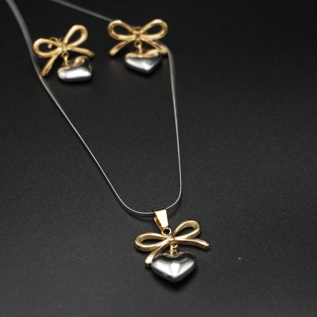 Dual Tone Bow Heart Earrings Necklace Pendant Set