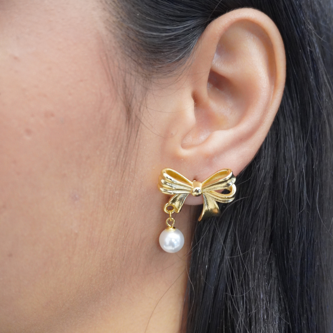 Butterfly Bow Pearl Gold Plated Earrings