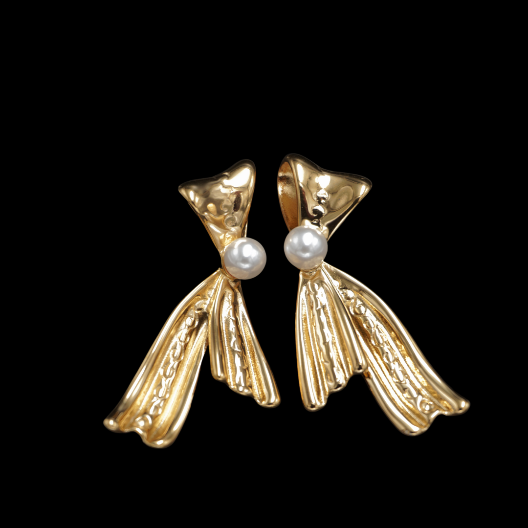 Gold Plated Pearl Ribbon Bow Earrings