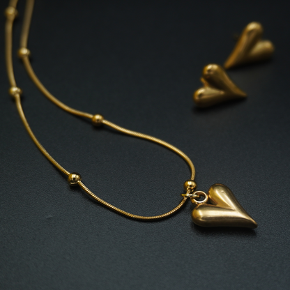 Gold Plated Minimal Heart Earrings Necklace Pendant Set