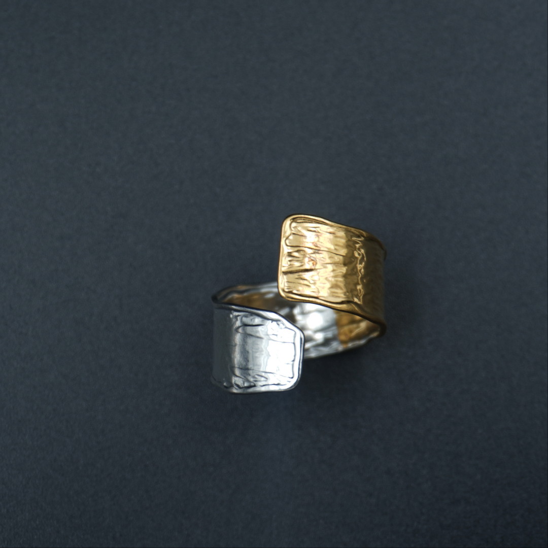 Dual Tone Wide Textured Adjustable Ring