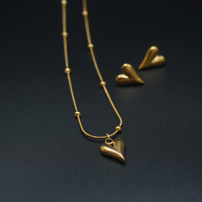 Gold Plated Minimal Heart Earrings Necklace Pendant Set