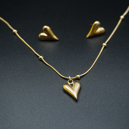 Gold Plated Minimal Heart Earrings Necklace Pendant Set